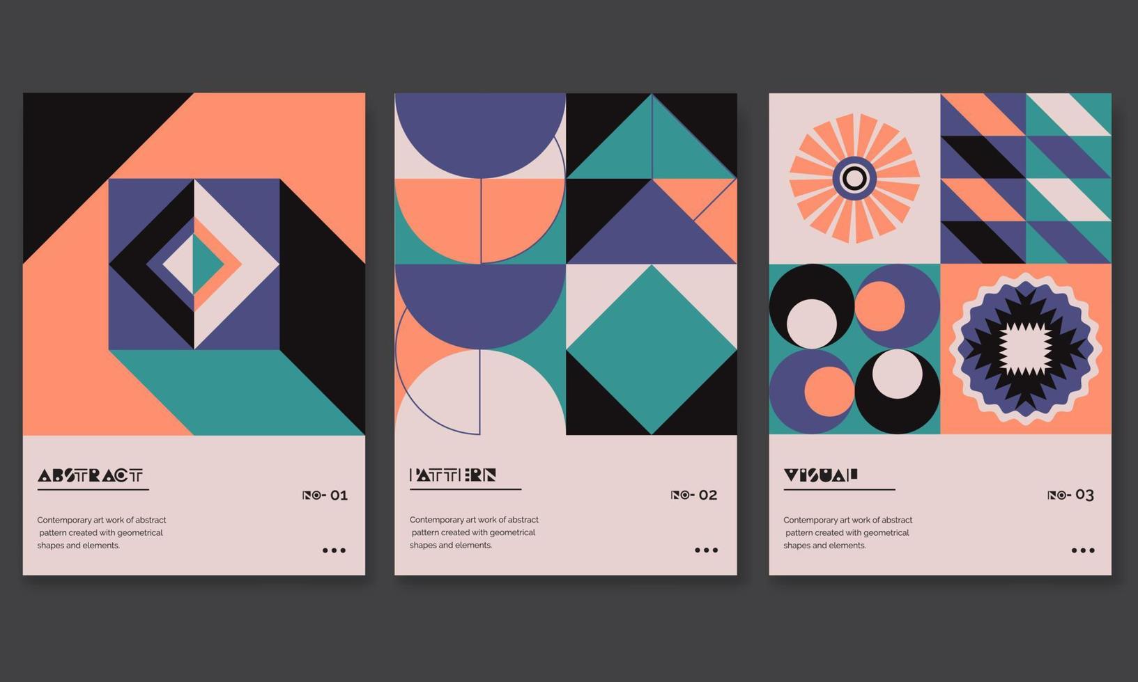 Abstract Geometric posters. Neo Geo cover templates with abstract geometry. Retro architecture minimal shapes, forms. Magazine, journal or album creative art cover. vector