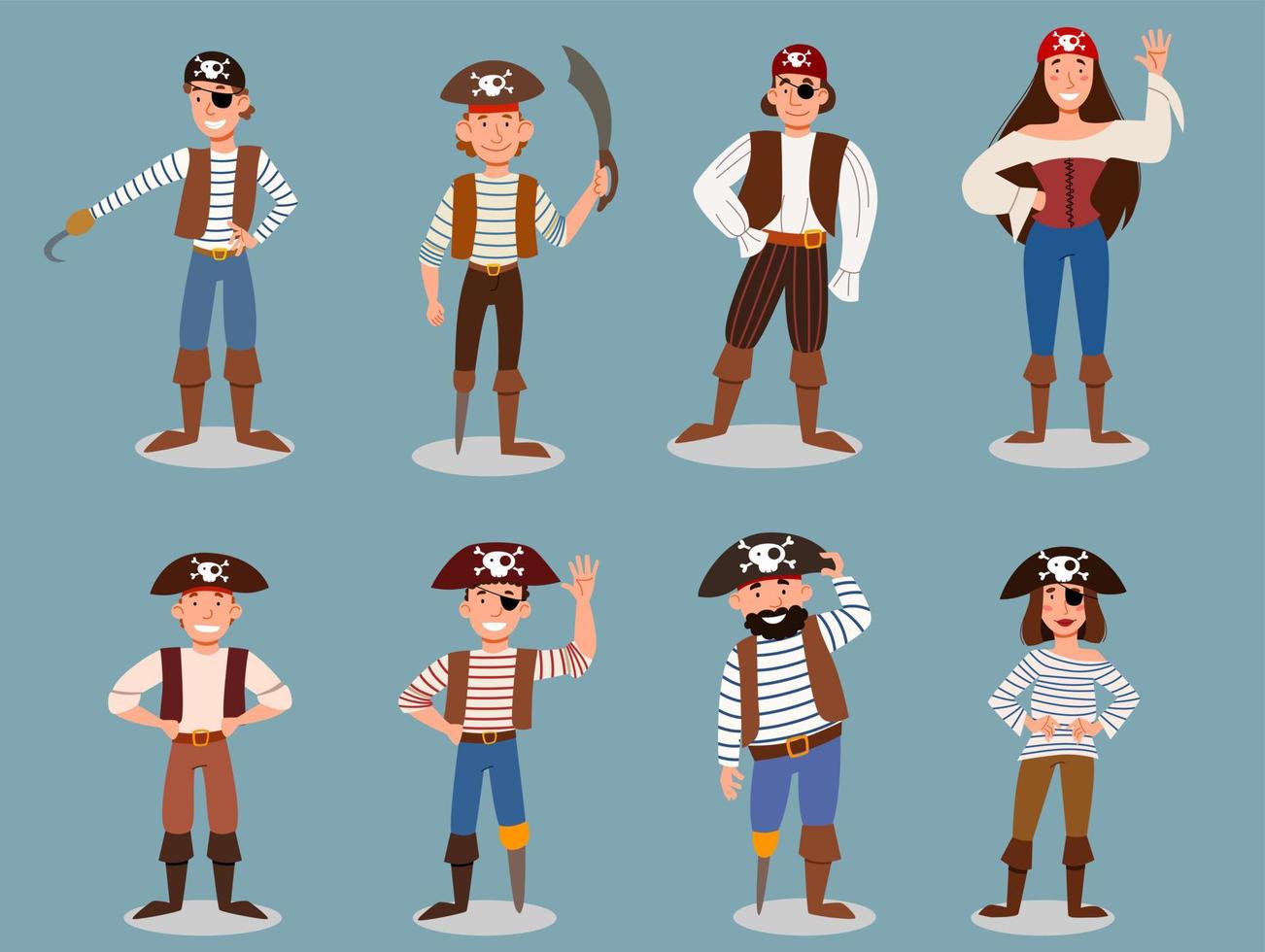 un conjunto de lindos personajes piratas. ilustración vectorial en estilo de dibujos animados vector