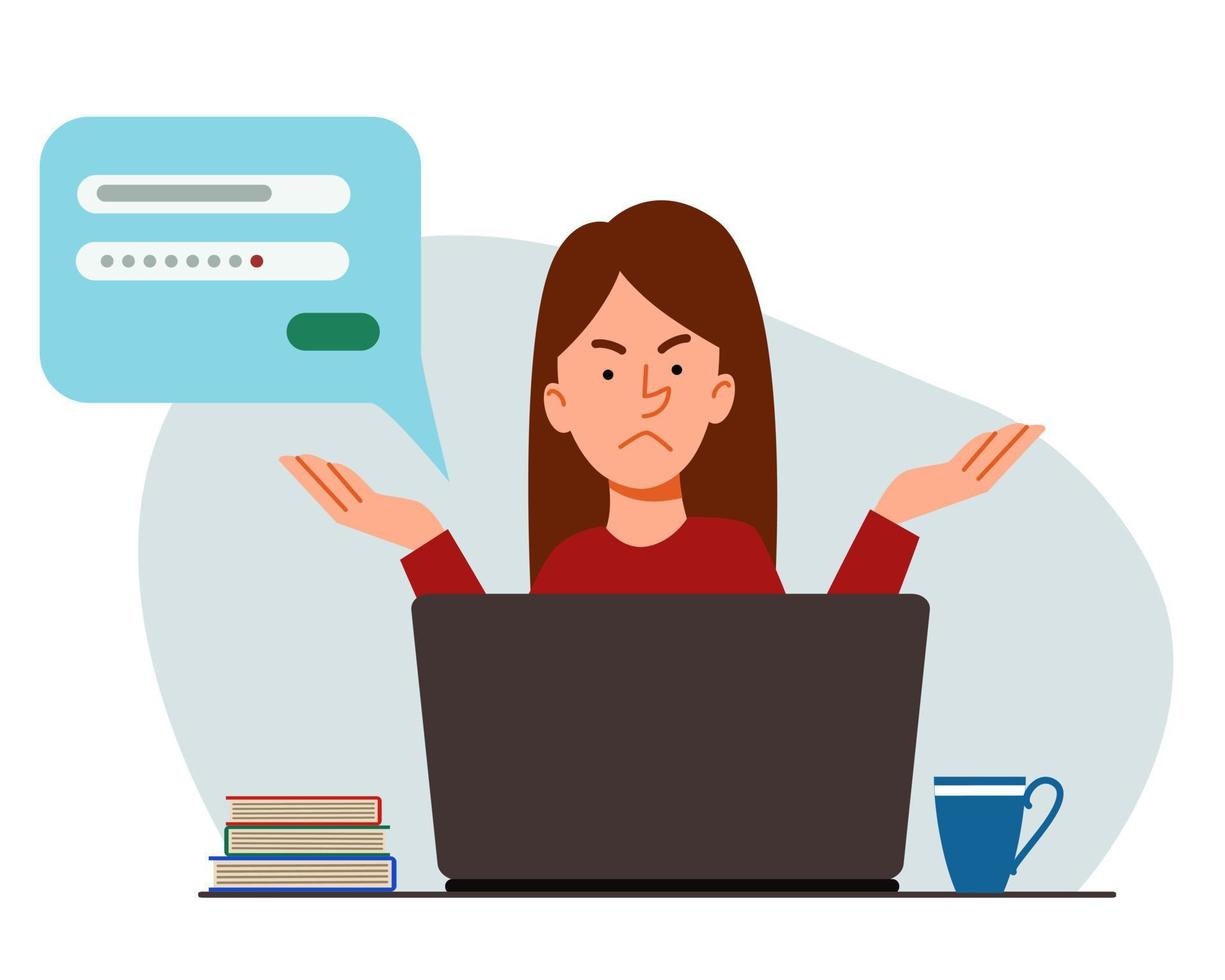 The concept of a woman thinking behind a laptop. vector