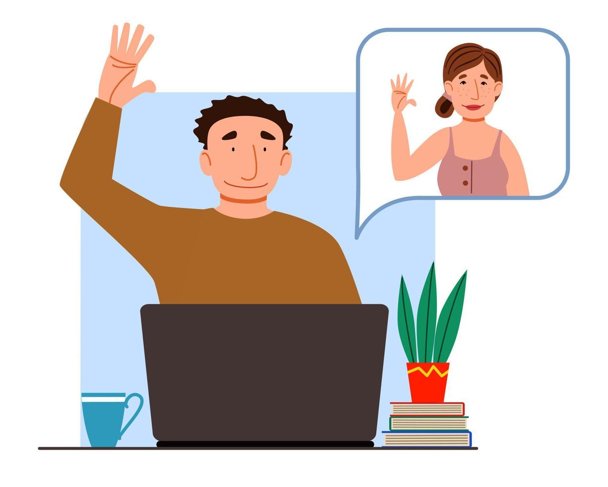 Illustration of a virtual meeting with different people who say hello. The concept of an online meeting with young men and women. vector