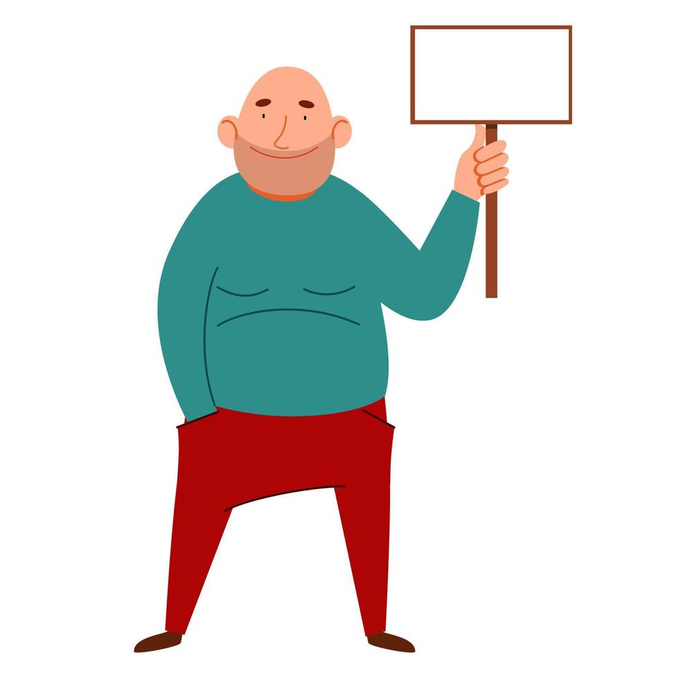 a fat bald man with a sign for the text in his hand. vector