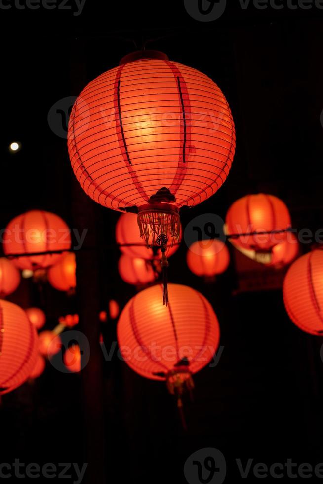 Beautiful round red lantern hanging on old traditional street, concept of Chinese lunar new year festival in Taiwan, close up. The undering word means blessing. photo