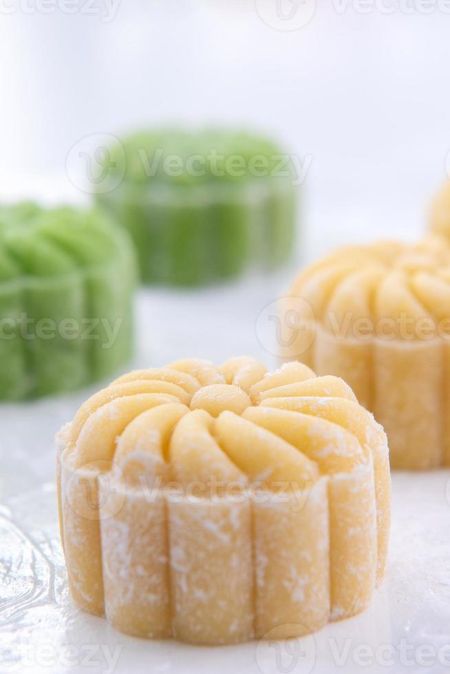 Young woman is making colorful snow skin moon cake, recipe of sweet snowy mooncake, traditional savory dessert for Mid-Autumn Festival, close up, lifestyle. photo