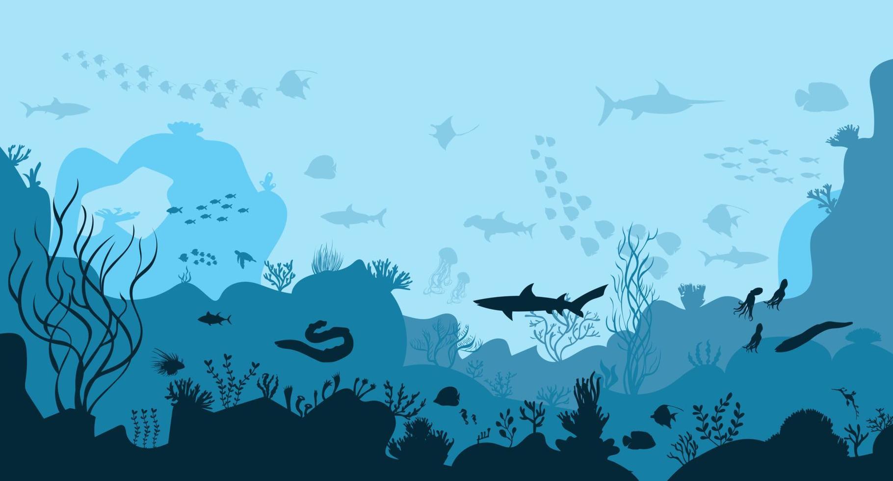 silhouette of coral reef with fish on blue sea background underwater vector illustration