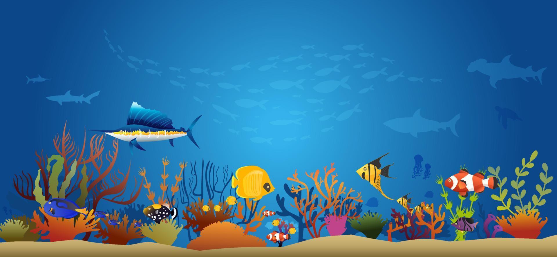 arrecife de coral con peces bajo el agua sobre un fondo marino azul. vector