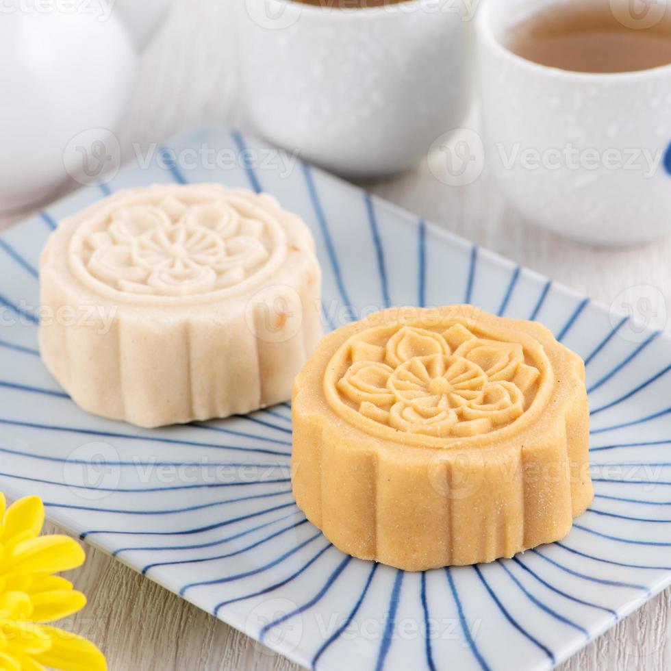 Colorful beautiful moon cake, mung bean cake, Champion Scholar Pastry cake for Mid-Autumn festival traditional gourmet dessert snack, close up. photo