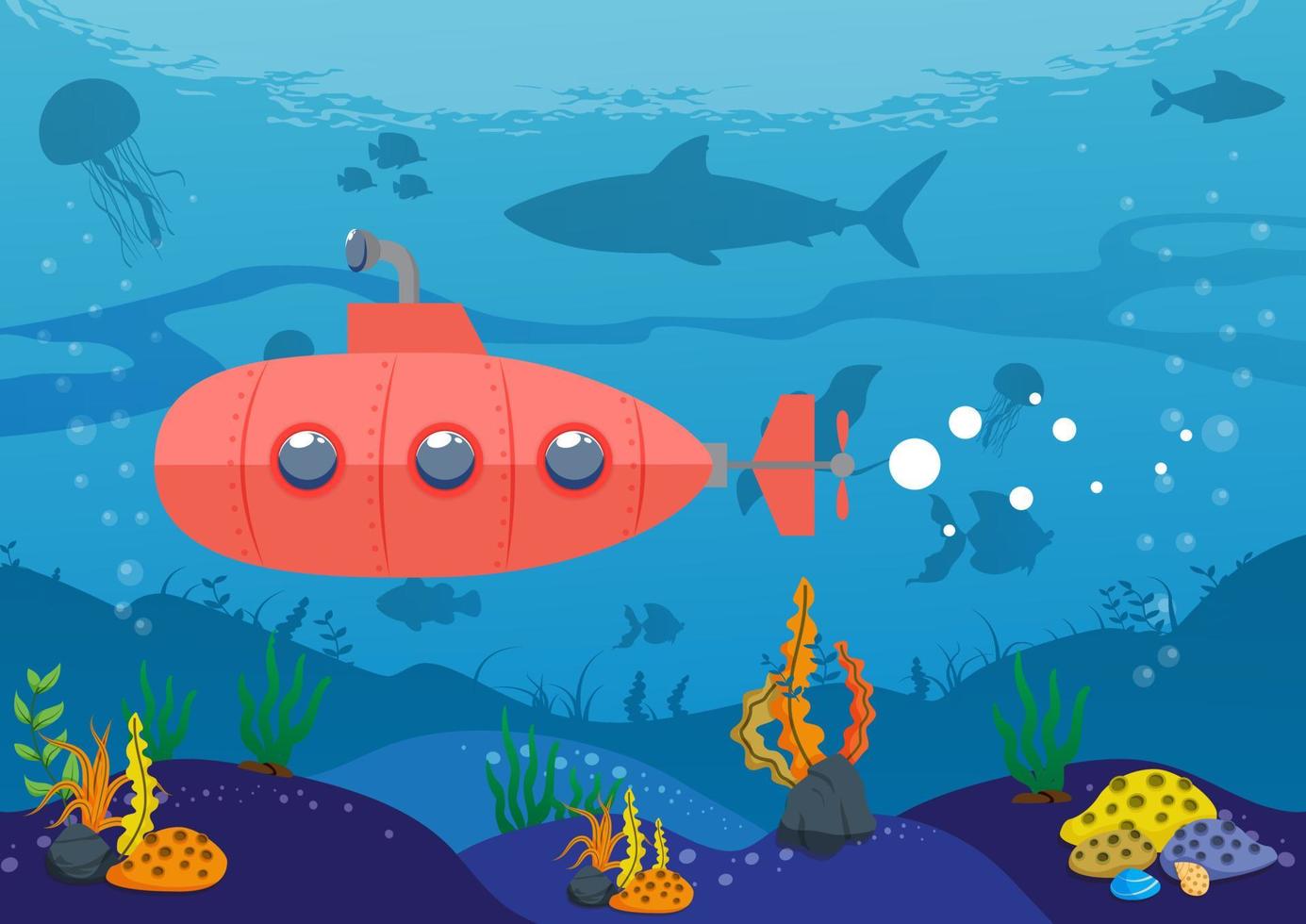 Underwater scene with submarine exploring undersea Vector Illustration
