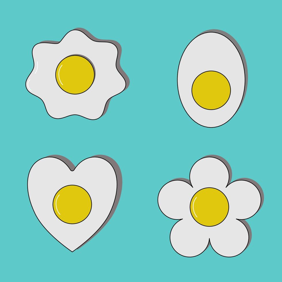 Fried eggs set. Isolated eggs on blue background. Healthy nutritious breakfast. Yolk and white. Cartoon flat design vector