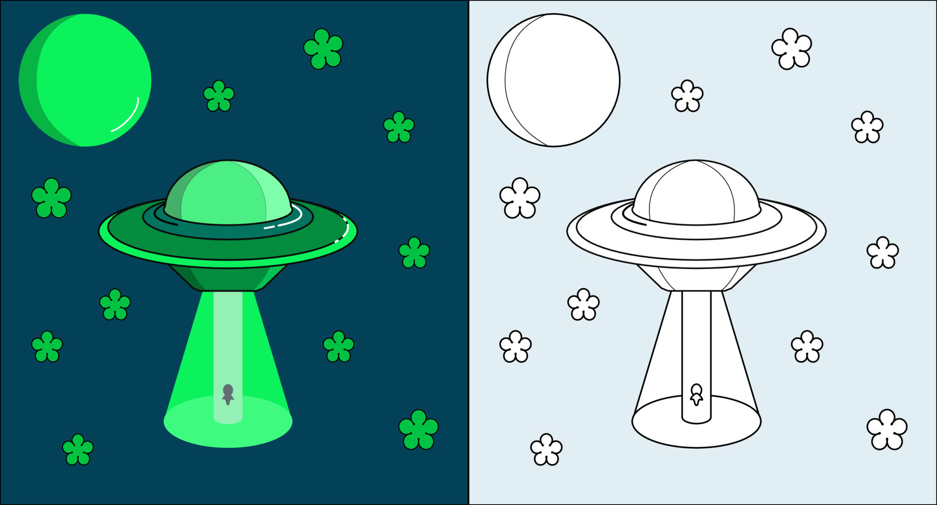 Coloring Page Outline of cartoon flying saucer. Vector design template