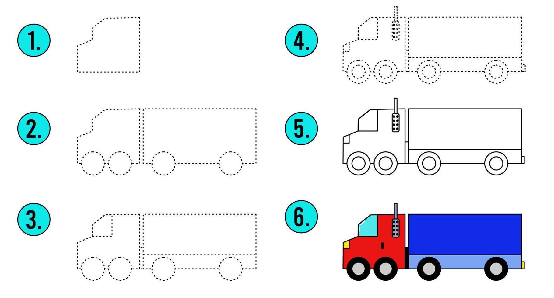 esquema de página para colorear y tutorial de dibujo. cómo dibujar un coche. camión a rastrear. juego de rastreo vectorial. paso a paso. Juego educativo punto a punto para niños. vector