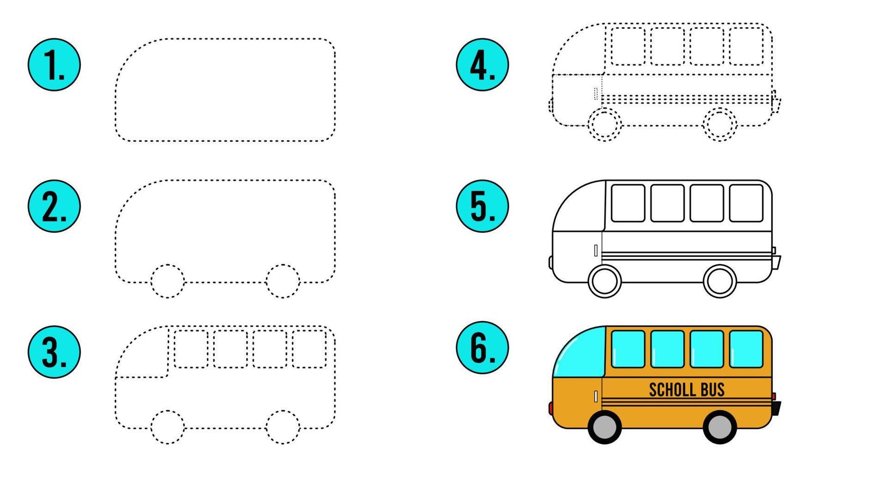 esquema de página para colorear y tutorial de dibujo. cómo dibujar un coche. autobús escolar para ser rastreado. juego de rastreo vectorial. paso a paso. Juego educativo punto a punto para niños. vector