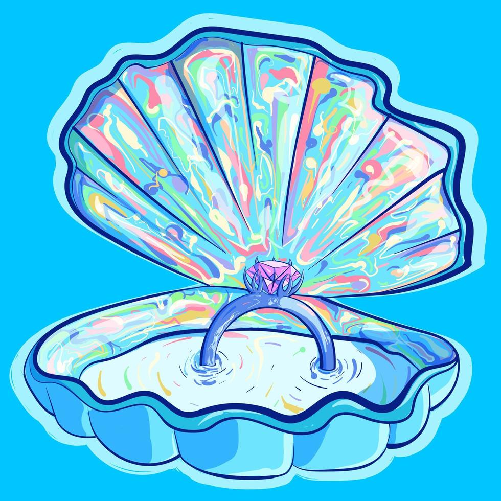 Opened seashell with nacre shine effect on the inside. Vector art of an engagement ring with a precious gem inside a blue clam. Pastel illustration for a wedding or honeymoon