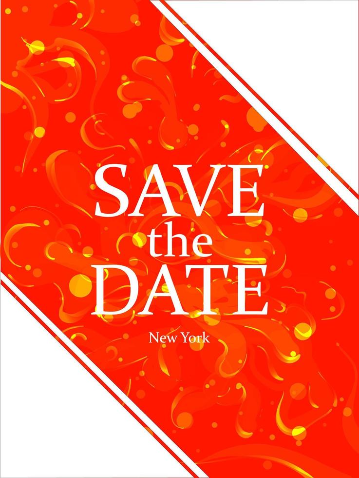 Save the date wedding invitation with fire and lava abstract motifs. Marriage graphic design flyer for family and life events. Red and orange card with white layout vector