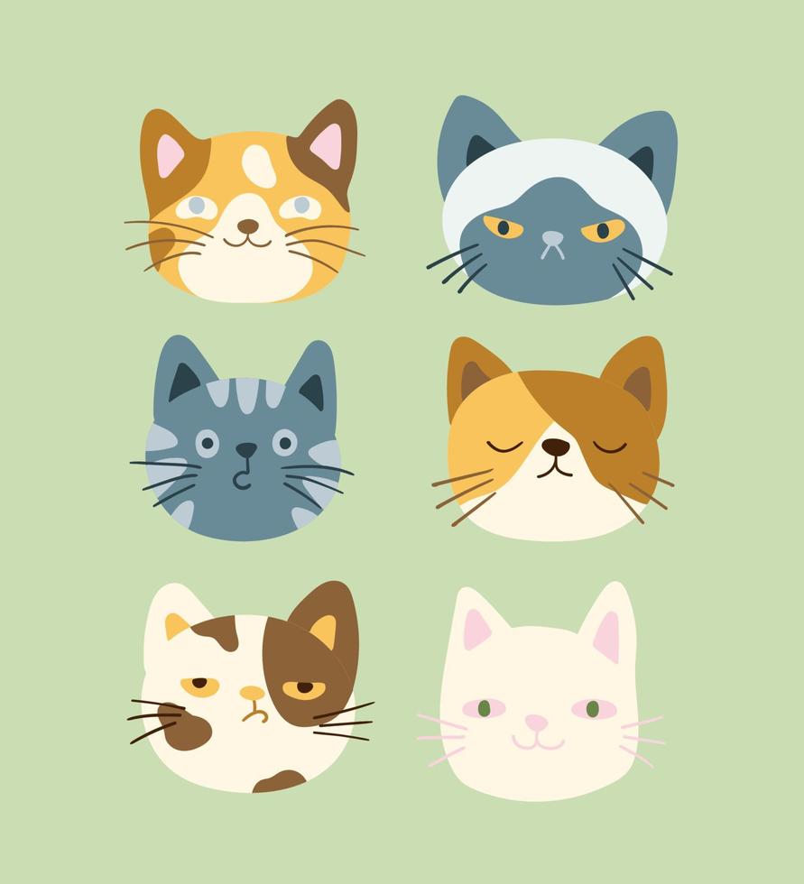 cabezas de gatos, lindas caras de gatitos, emoticonos vectoriales. divertidos personajes de dibujos animados de animales de compañía con diferentes emociones, expresiones para afiches, pancartas, diseño web vector