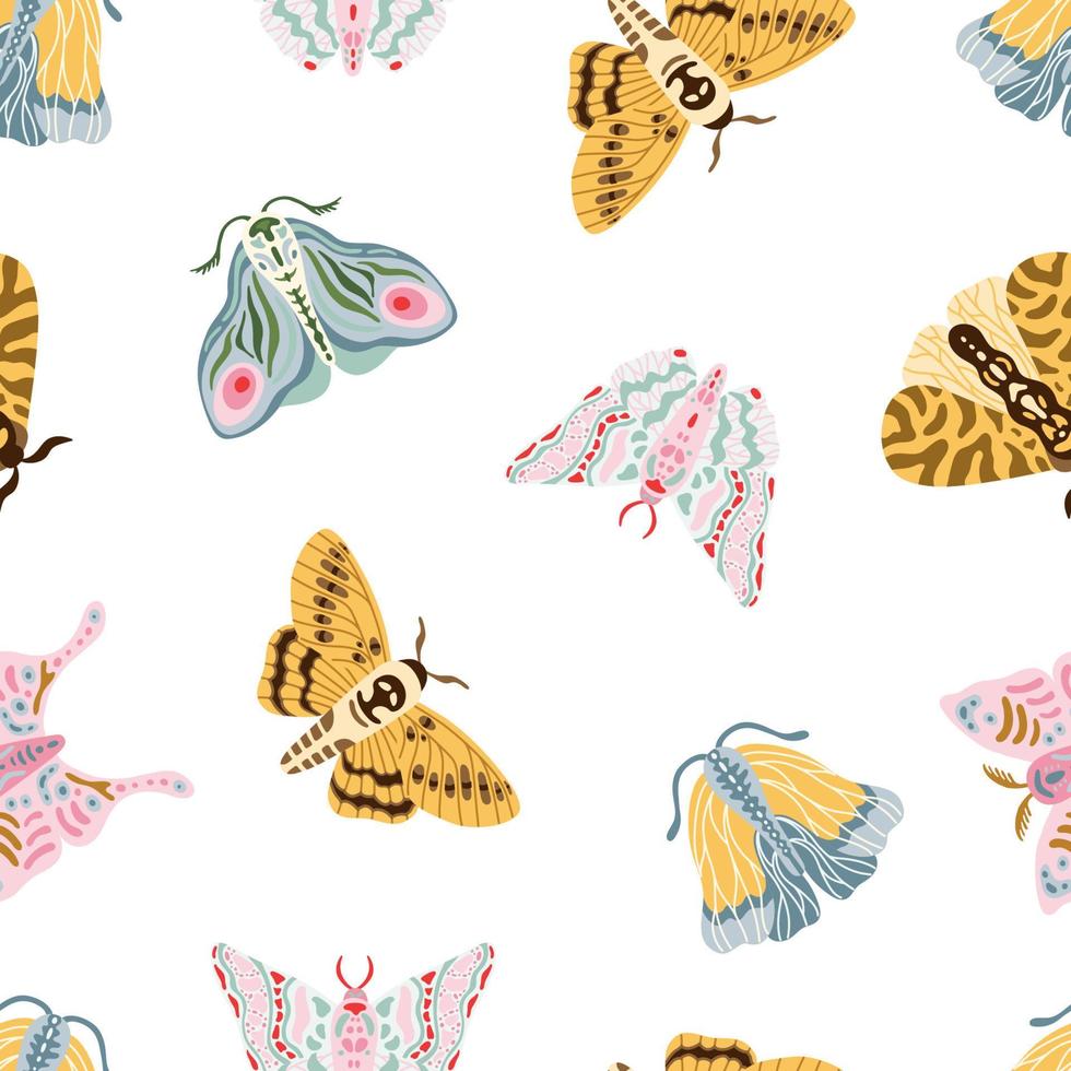 mariposas exóticas, patrón transparente de vector de verano de polilla. textura vectorial de dibujos animados planos de insectos voladores tropicales. diseño lindo dibujado a mano para tela, impresión, póster, papel tapiz.