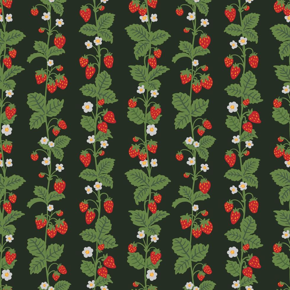 Wild strawberries bush stem, whip vector seamless pattern. Summer forest berry hand drawn texture for wallpapers, textile, wrapping paper, fabric, packaging, cards. Cute fruit flat cartoon background