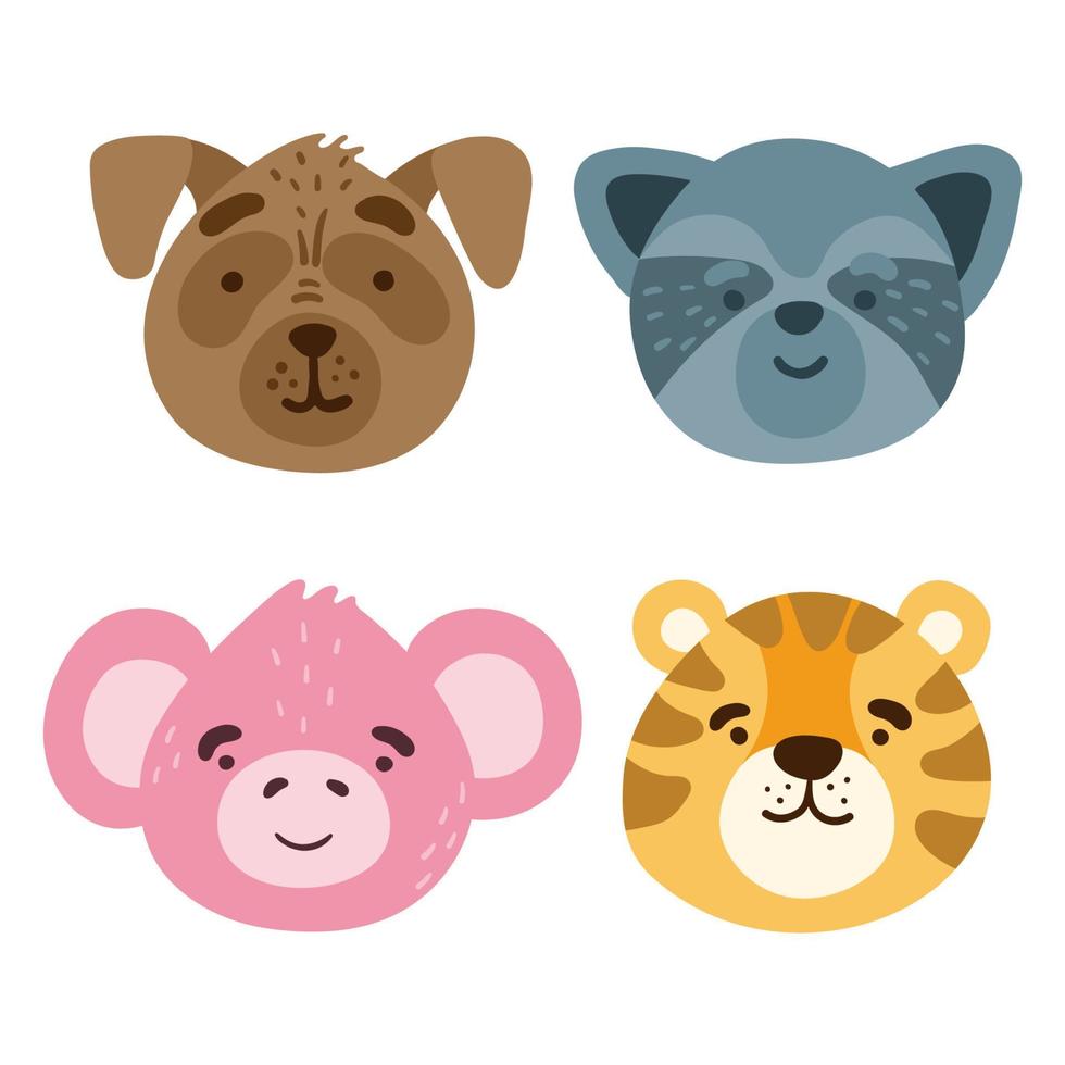 Collection of cute funny animal faces, heads. Set of various cartoon isolated muzzles. Vector illustration for print on children's clothing, greeting cards, nursery, stickers, stationery, room decor