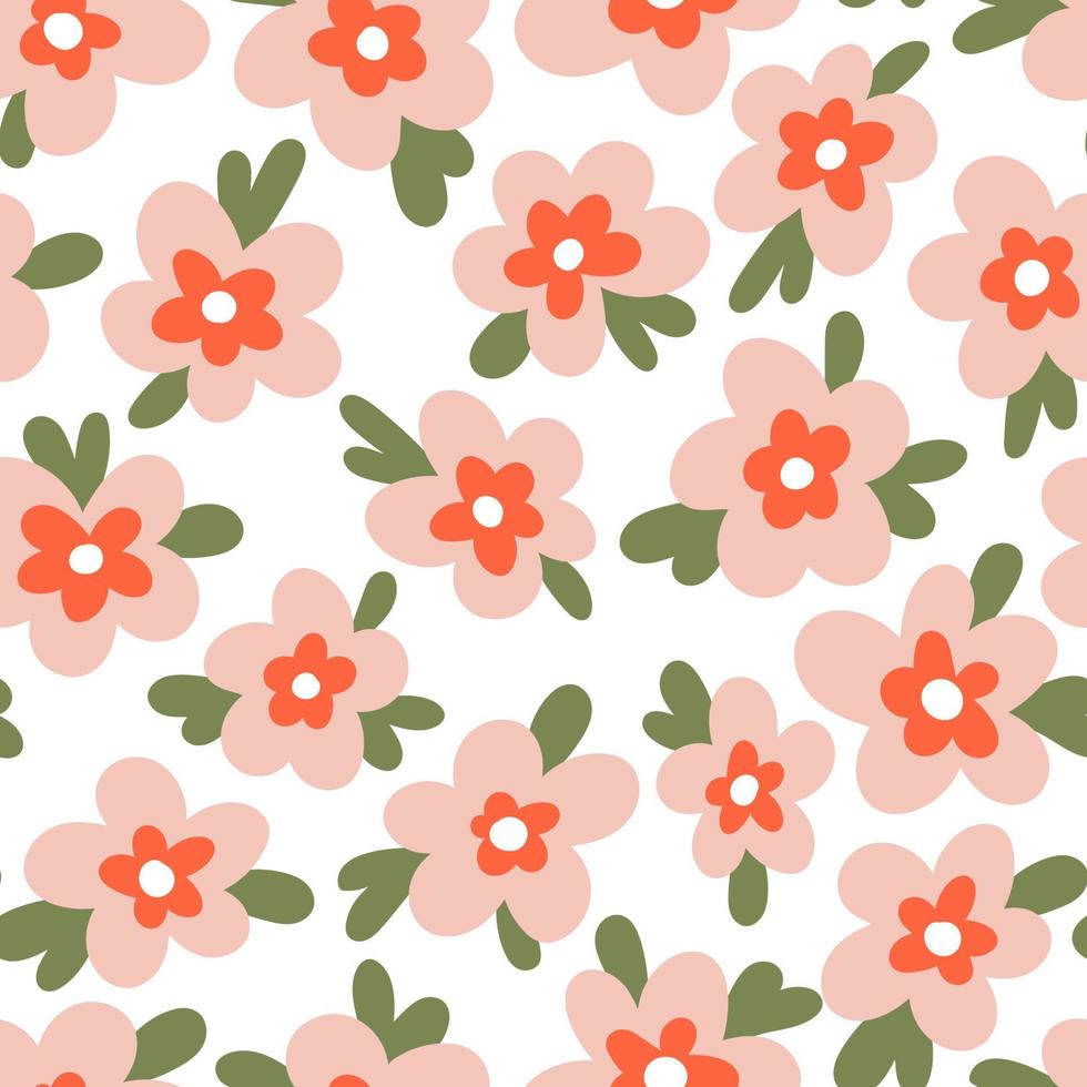 Hand drawn naive daisy loose flowers with leaves vector seamless pattern. Blotched retro floral texture for textile, print, fabric, wrap, paper.