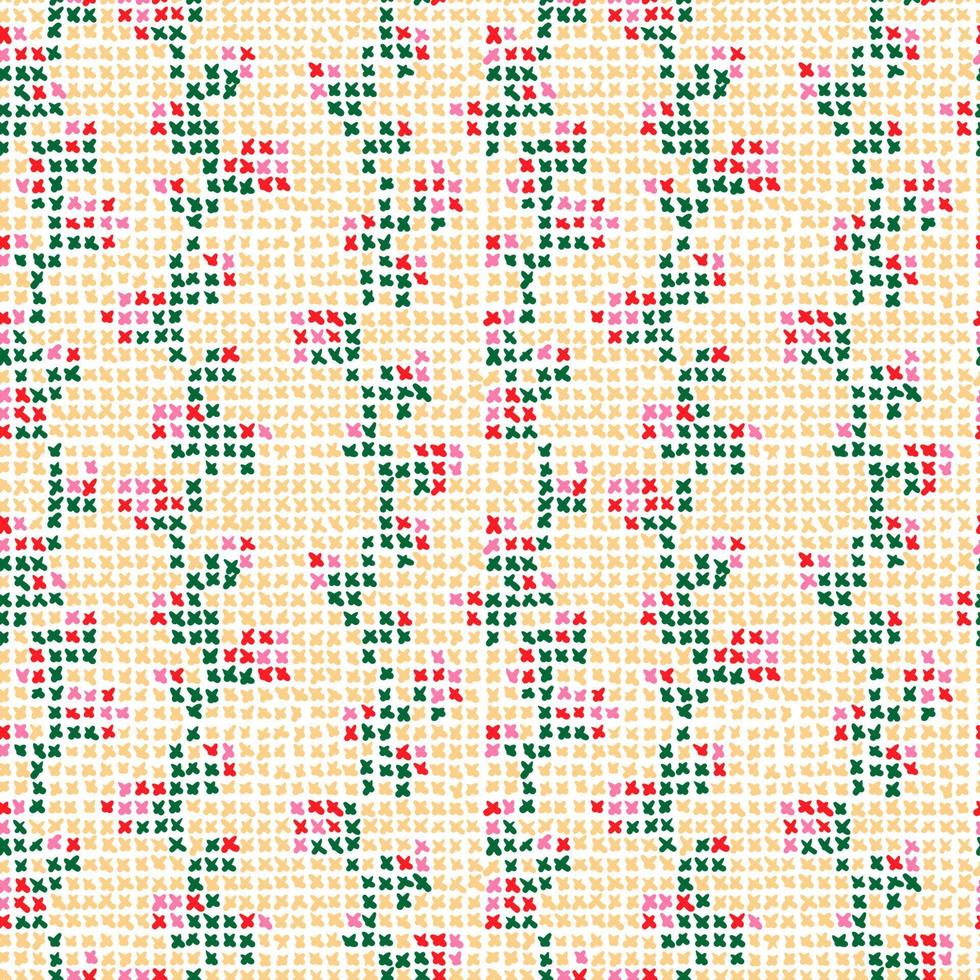 Cross stitch roses vector seamless pattern. Ethnic folk texture embroidery crosses stitches, textile or fabric print ornament.