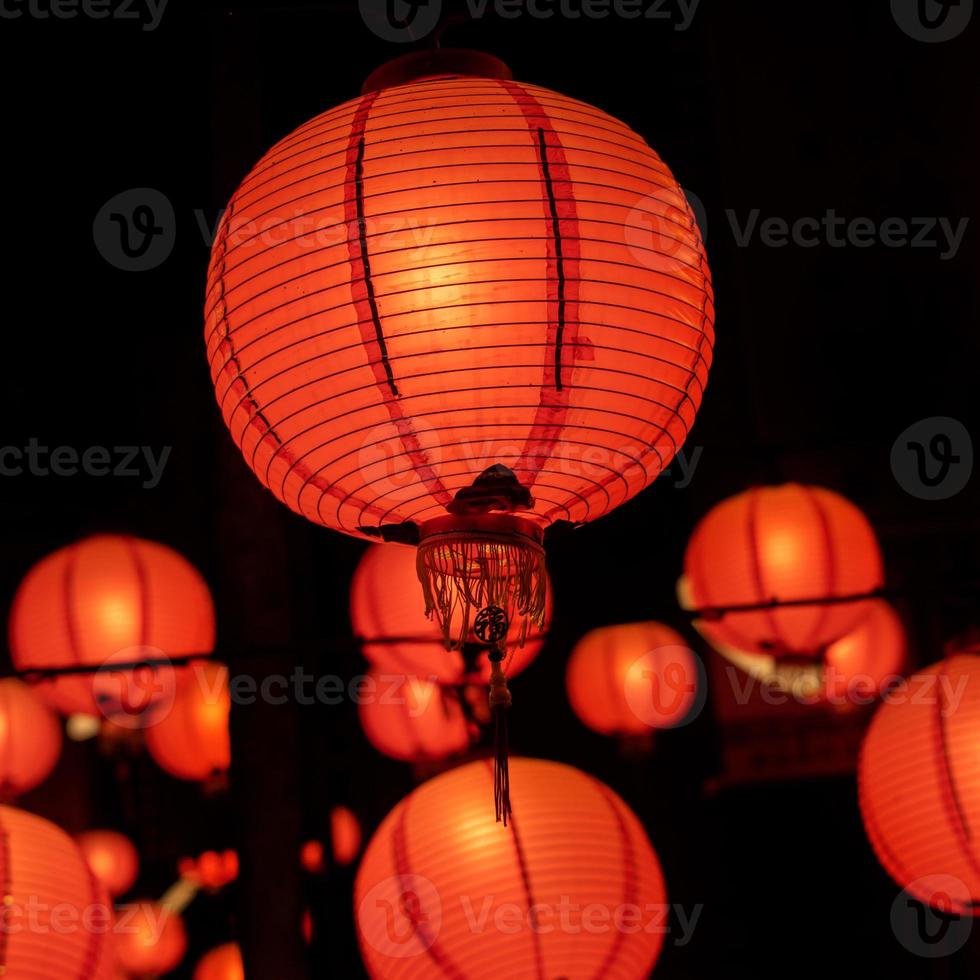 Beautiful round red lantern hanging on old traditional street, concept of Chinese lunar new year festival in Taiwan, close up. The undering word means blessing. photo