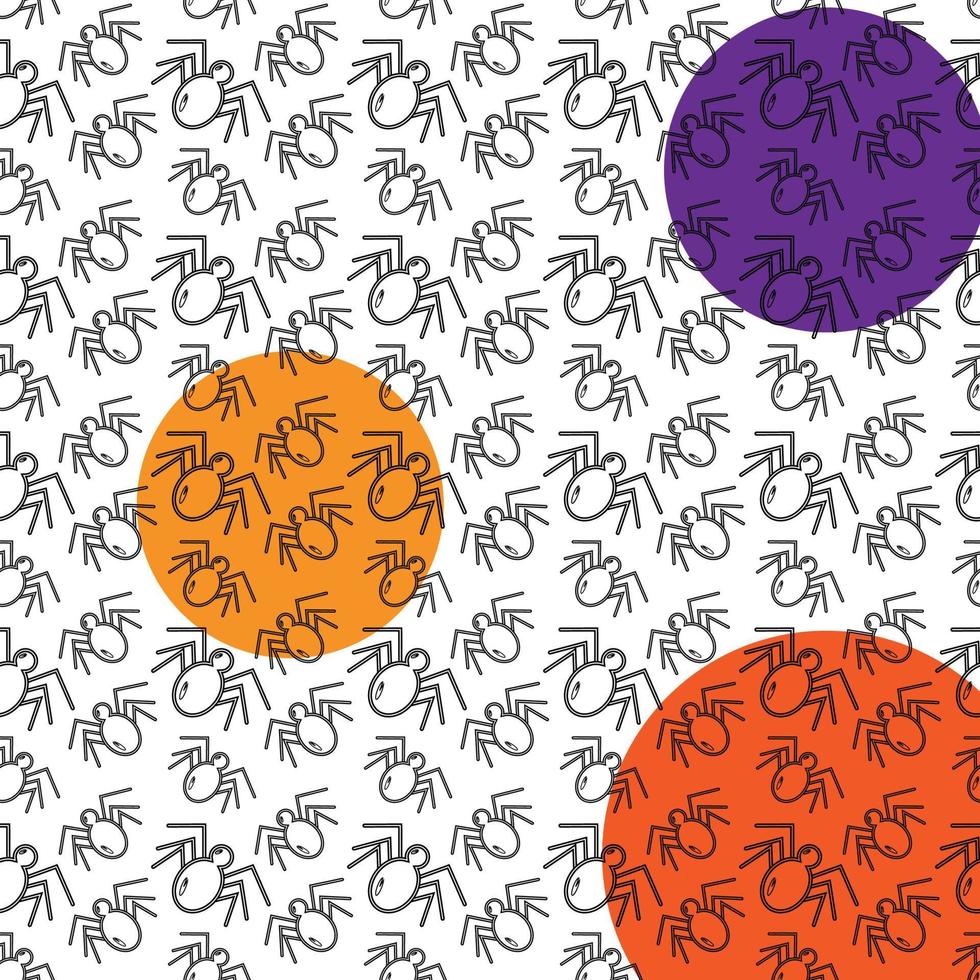 Seamless pattern of spiders with elements of contour drawing on the background of colored spots. vector