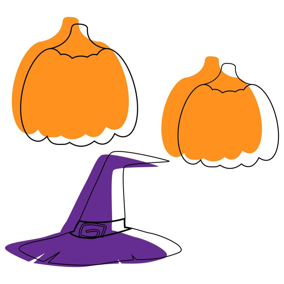 conjunto de dos calabazas de contorno coloridas y un sombrero de brujas. dibujo de contorno con manchas de colores. adecuado para pegatinas, carteles, invitaciones, postales vector