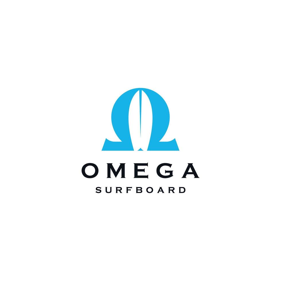 Omega symbol with surfboard shape logo icon design template  flat vector illustration