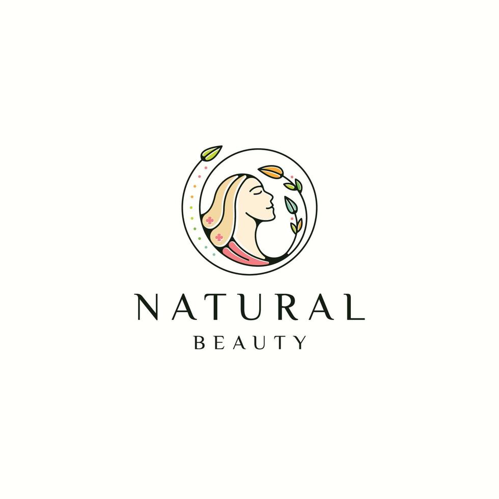 Ilustración de vector plano de plantilla de diseño de icono de logotipo de mujer de cara de belleza natural