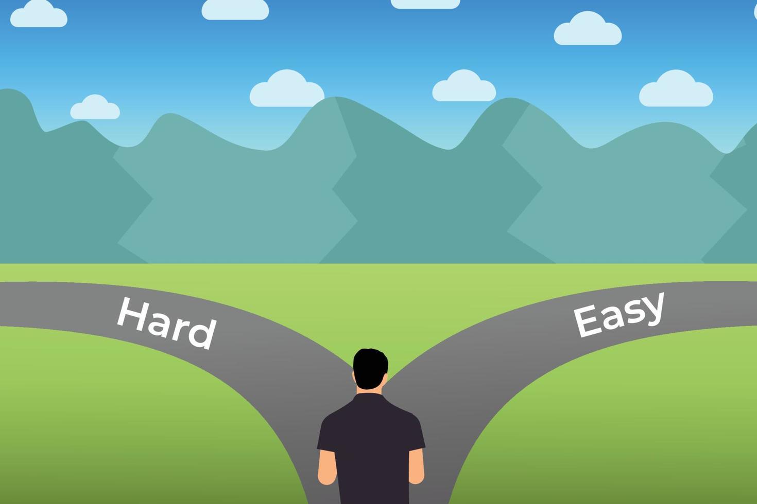 Man choosing a hard or easy working path. Man flat character design with green land and hills vector. Male character deciding what path to choose for his career on an open field vector. vector