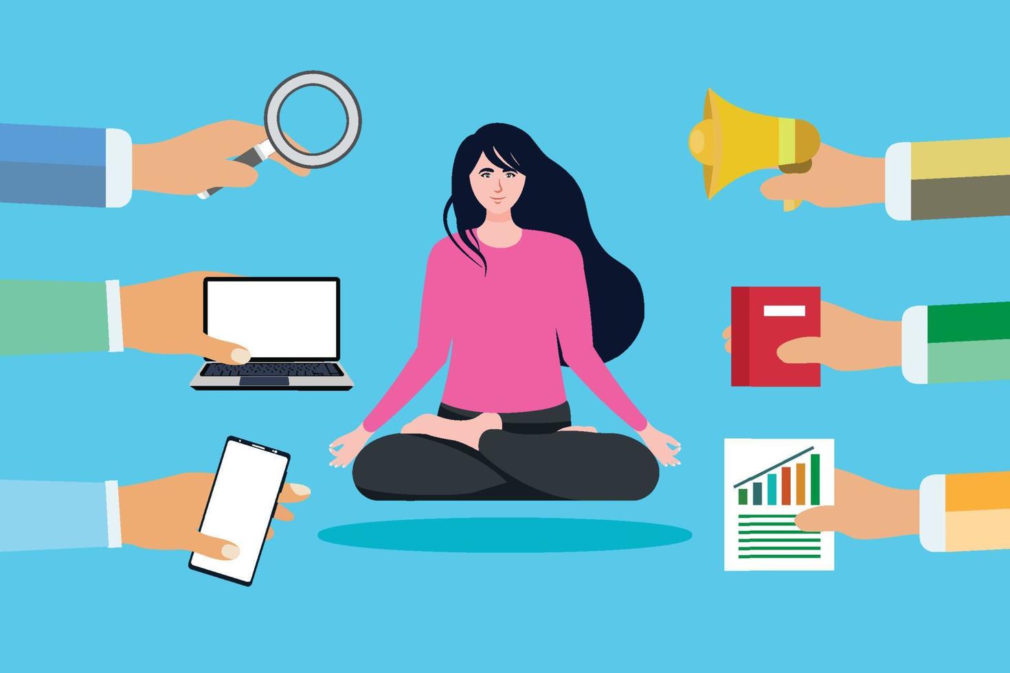 chica haciendo yoga y promotores tratando de publicitarla. manos con lupa, micrófono, computadora portátil, móvil y vector de libro. diseño de personajes planos de chicas en posición de yoga y vector de manos de hombres.