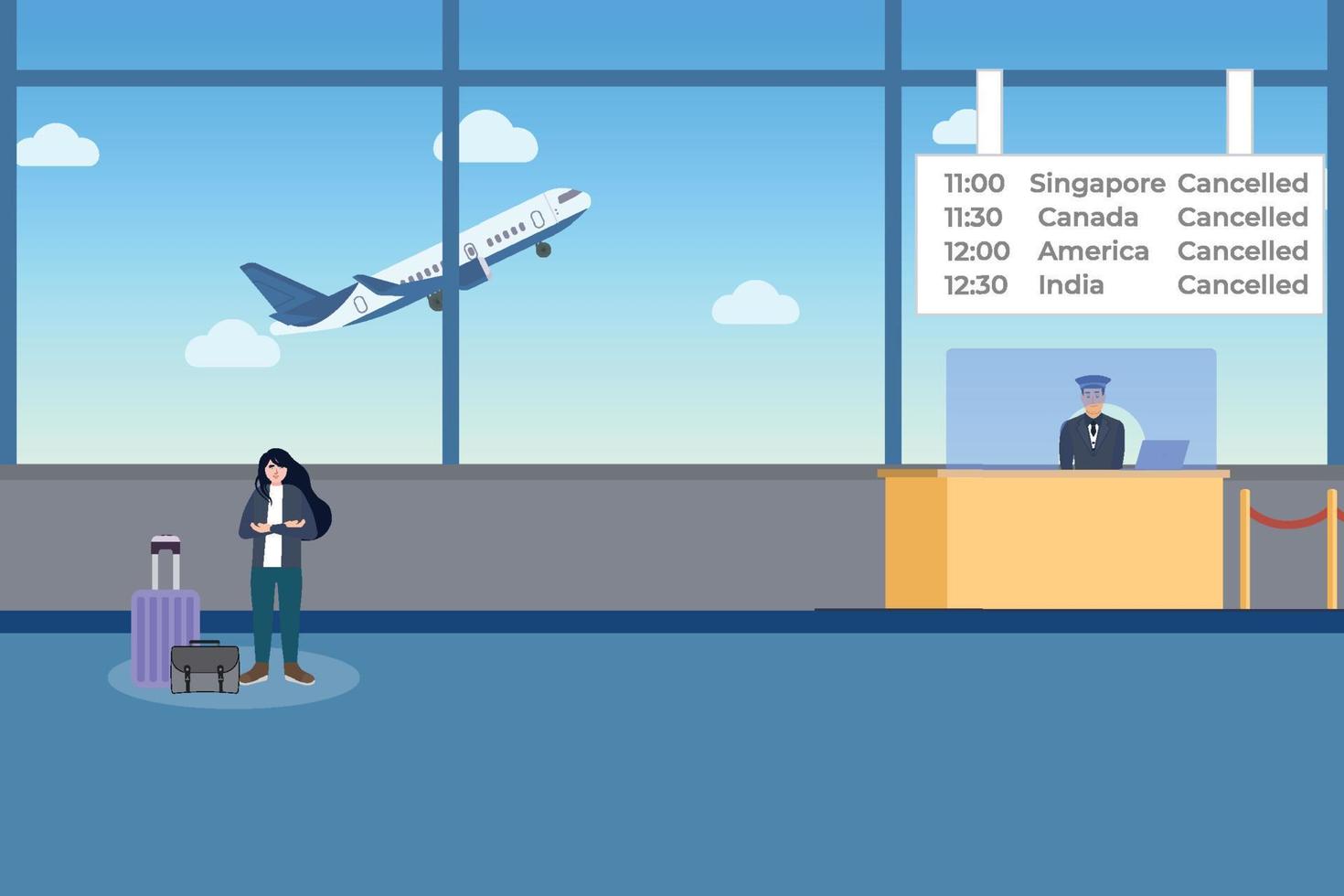A female angry passenger standing inside the airport with her luggage and bag vector. Flight cancellation concept with an airplane and receptionist vector. Flat character design with an airplane. vector