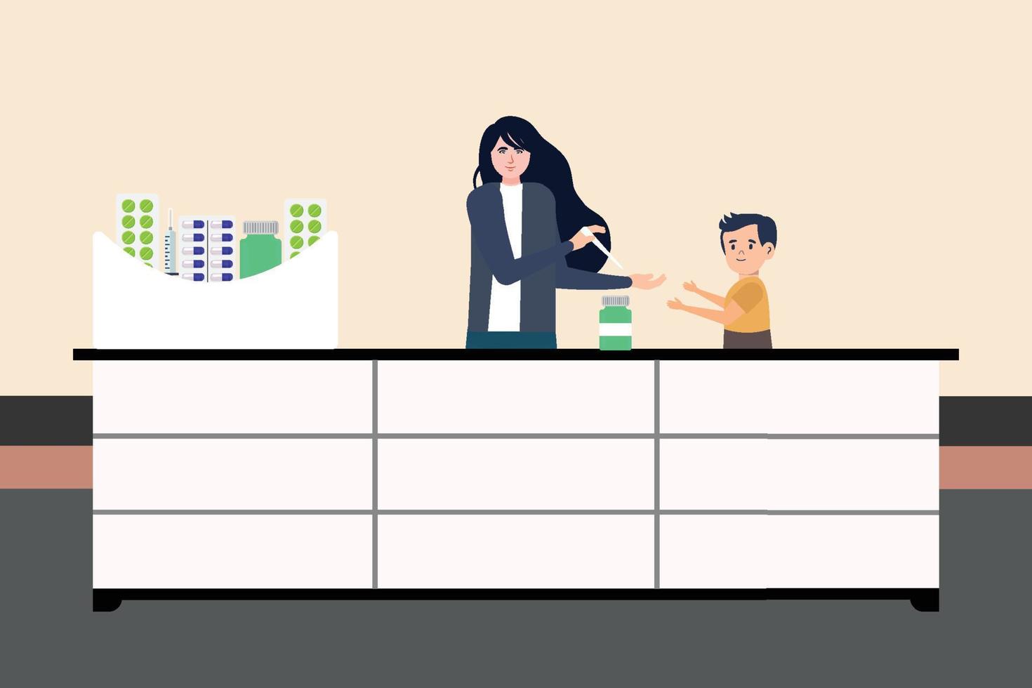 Vaccinating a child at a hospital concept vector. A female doctor gives vaccines to a child. Flat character design of a female doctor and a boy with some medicine on the table. vector