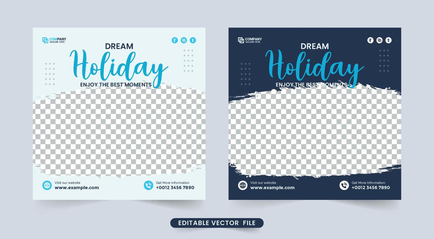 diseño de folleto de vacaciones de ensueño con color blanco y azul oscuro. banner de gira y viaje para publicidad comercial. diseño de carteles de promoción de agencias de viajes para redes sociales. plantilla de banner de gira. vector