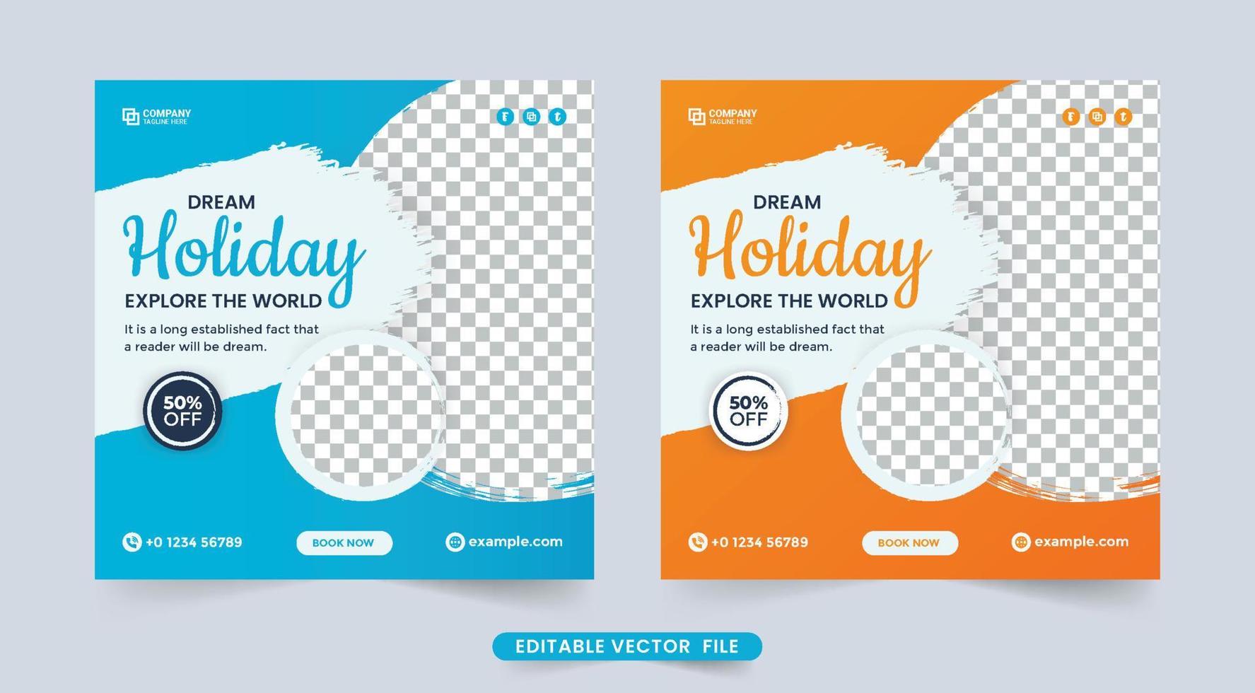 Travel agency social media post design with discount offer. Tour and travel banner vector with blue and yellow color. Touring business flyer template design. Travel social media post vector.