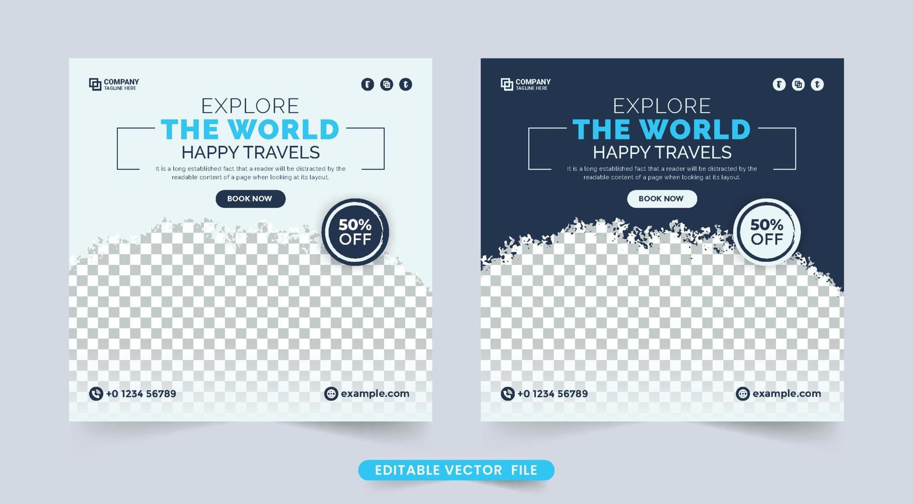 Dream vacation and tour planner agency social media banner. Holiday travel banner template with dark blue and white colors. Tour and travel social media post design. Touring business poster design. vector