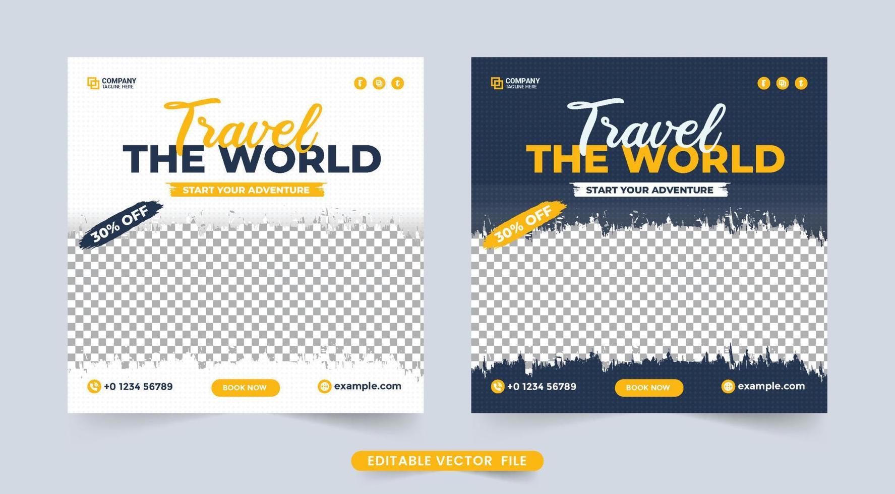 Tour and travel social media post. Travel agency advertisement banner vector. Vacation and adventure planner flyer design. Tour and travel banner template for social media advertising elements. vector