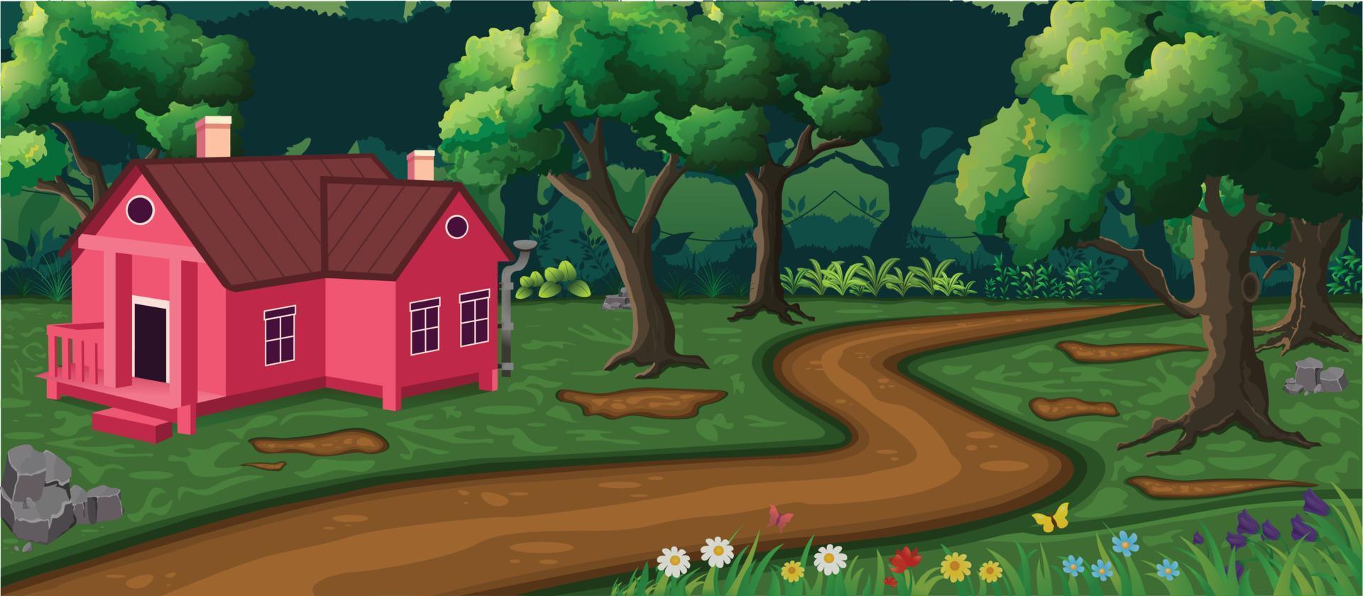 Beautiful deep forest with one house, roads, trees, flowers and green grass vector cartoon background.