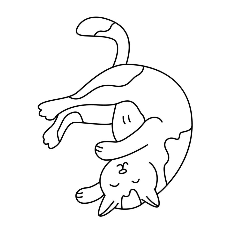 Cute  happy cat  in doodle style.  Hand drawn vector illustration. Isolated black outline.