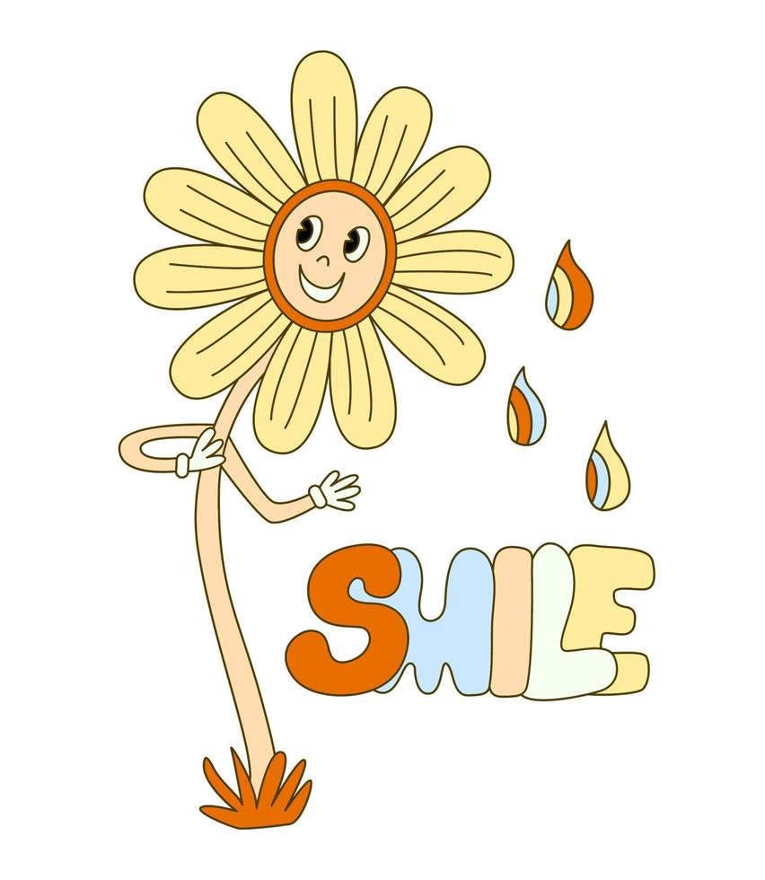 Hippie vibe poster with smiling daisy flower. Retro 70s  vector illustration. Groovy cartoon style. Smile hand draw lettering.