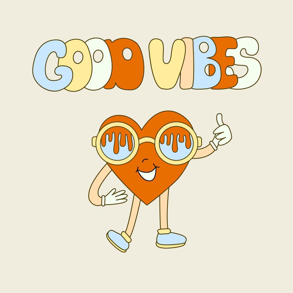 Hippie vibe poster with heart shaped character wearing psychedelic eye glasses. Retro 70s  vector illustration. Groovy cartoon style. Good vibes hand drawn lettering.