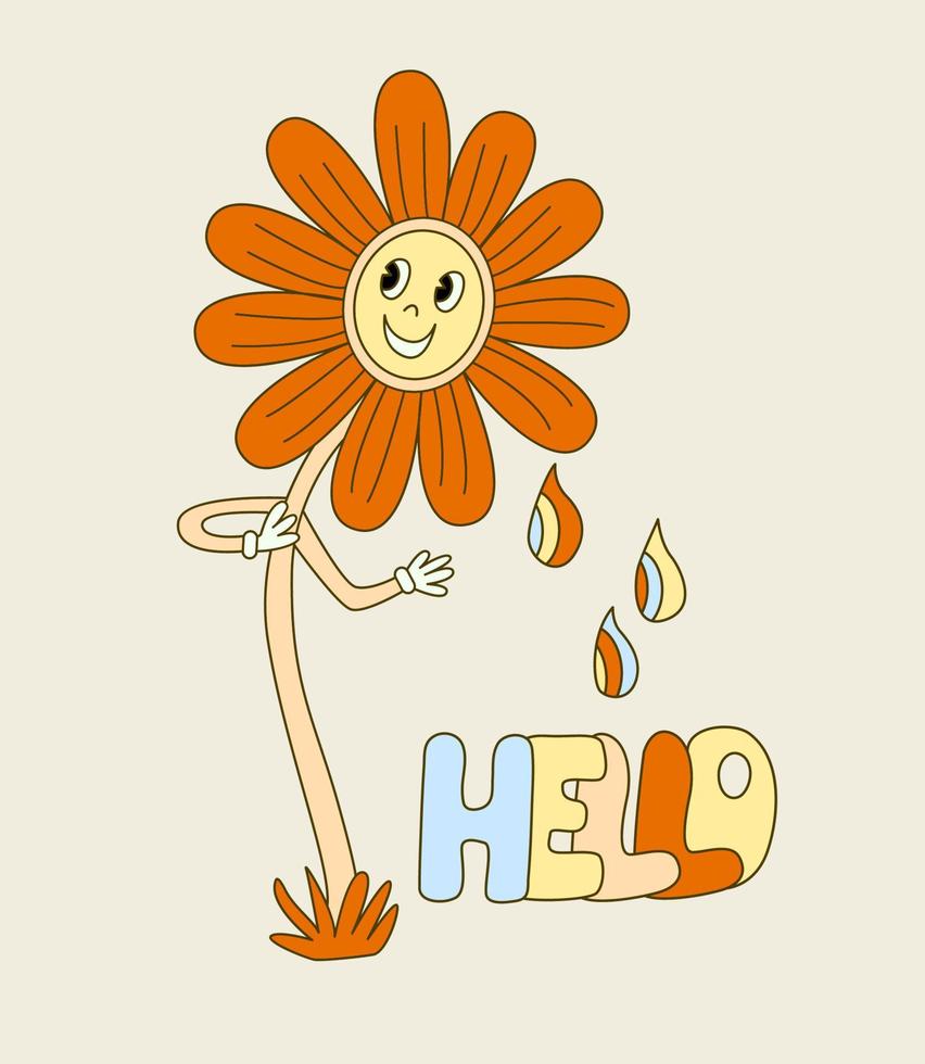 Hippie vibe poster with smiling daisy flower. Retro 70s vector illustration. Groovy cartoon style. Hello hand draw lettering.