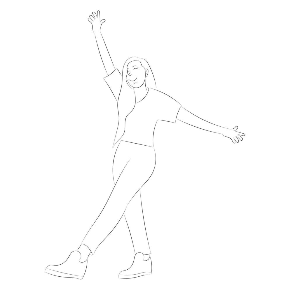 Sketch portrait of a cartoon cute girl who stands on one leg with her hands raised up, flat vector, isolate on a white background vector