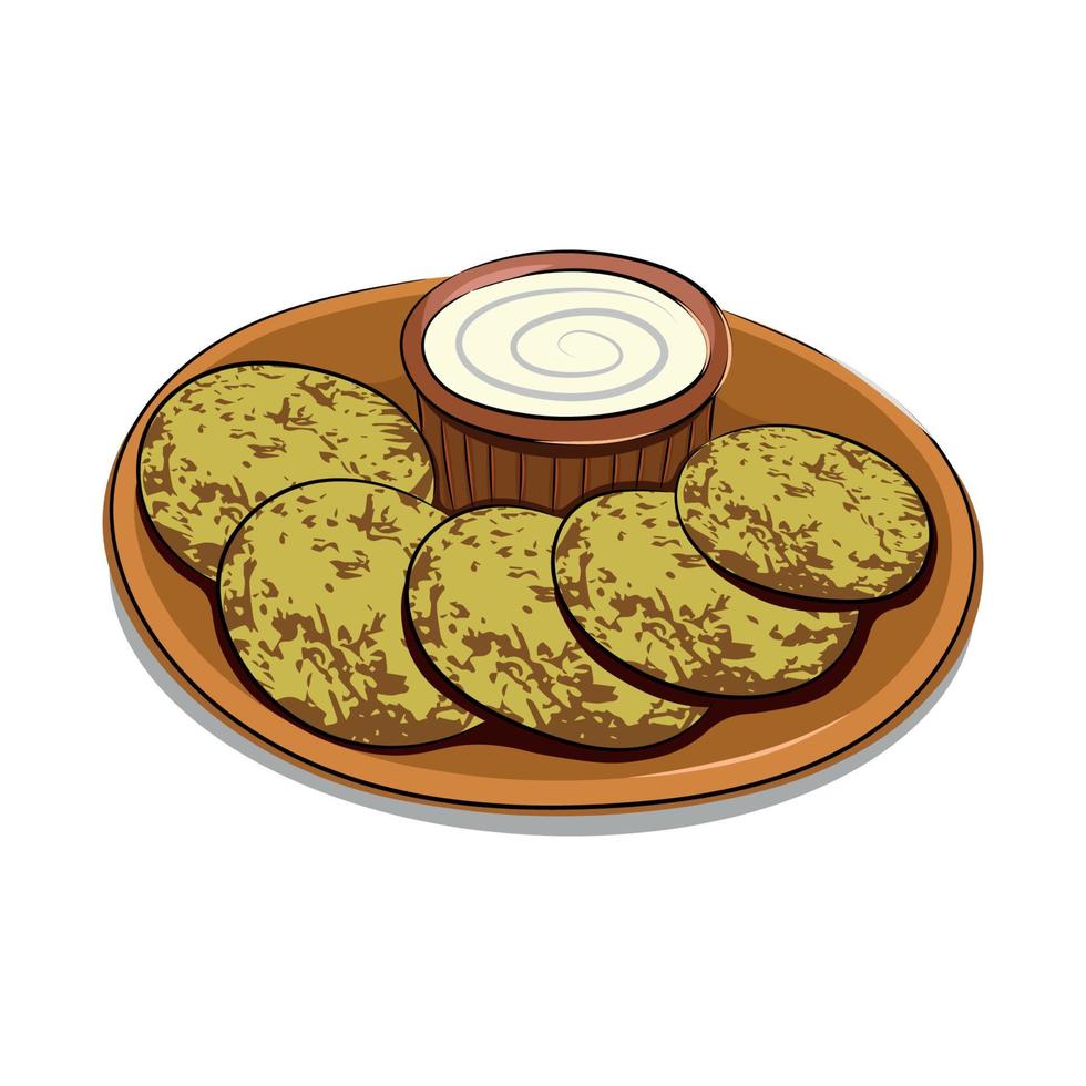 A dish of national Ukrainian cuisine, potato pancakes with sour cream on a clay plate, flat vector, isolate on white vector