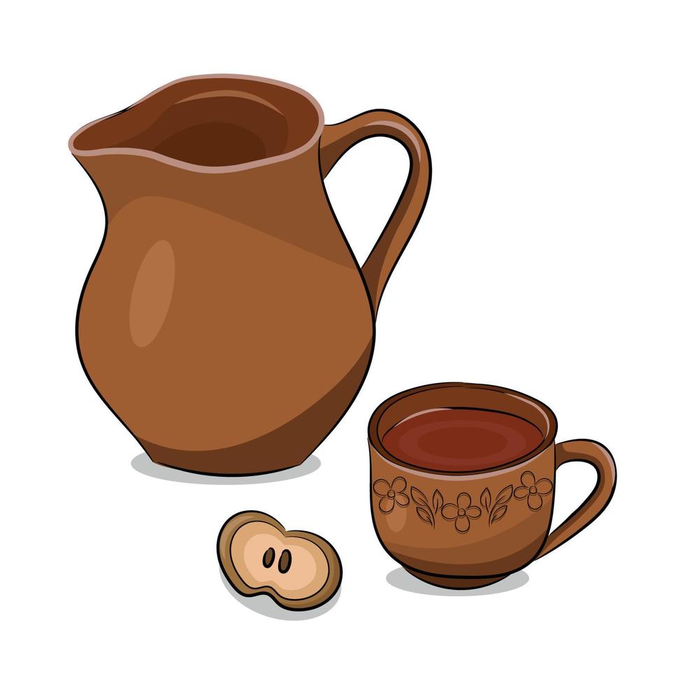A dish of national Ukrainian cuisine, uzvar, dried fruit compote in a clay jug, flat vector, isolate on white vector
