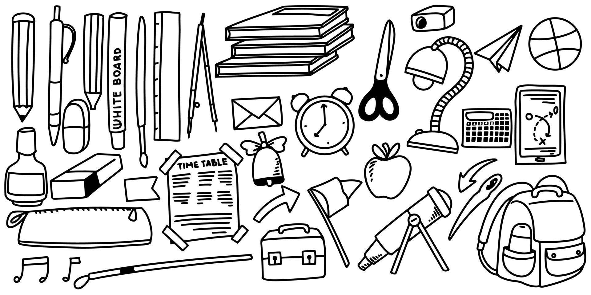 Hand drawn doodle set element with stationary for back to school. vector