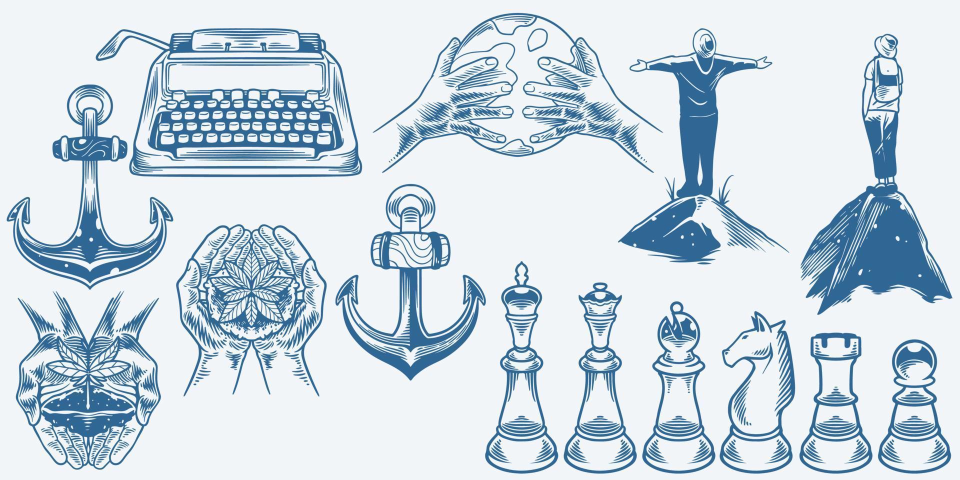 mano vintage dibujada de hombre de pie, planta y tierra, ancla, ajedrez. vector