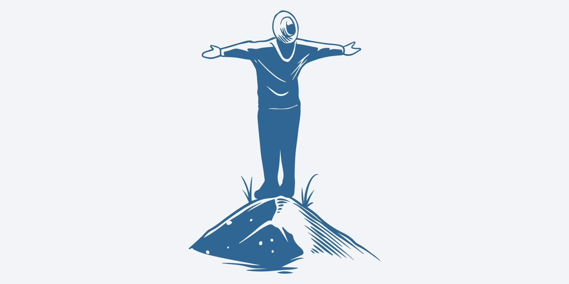 Vintage hand drawn man standing upon on the hills with opened body. vector