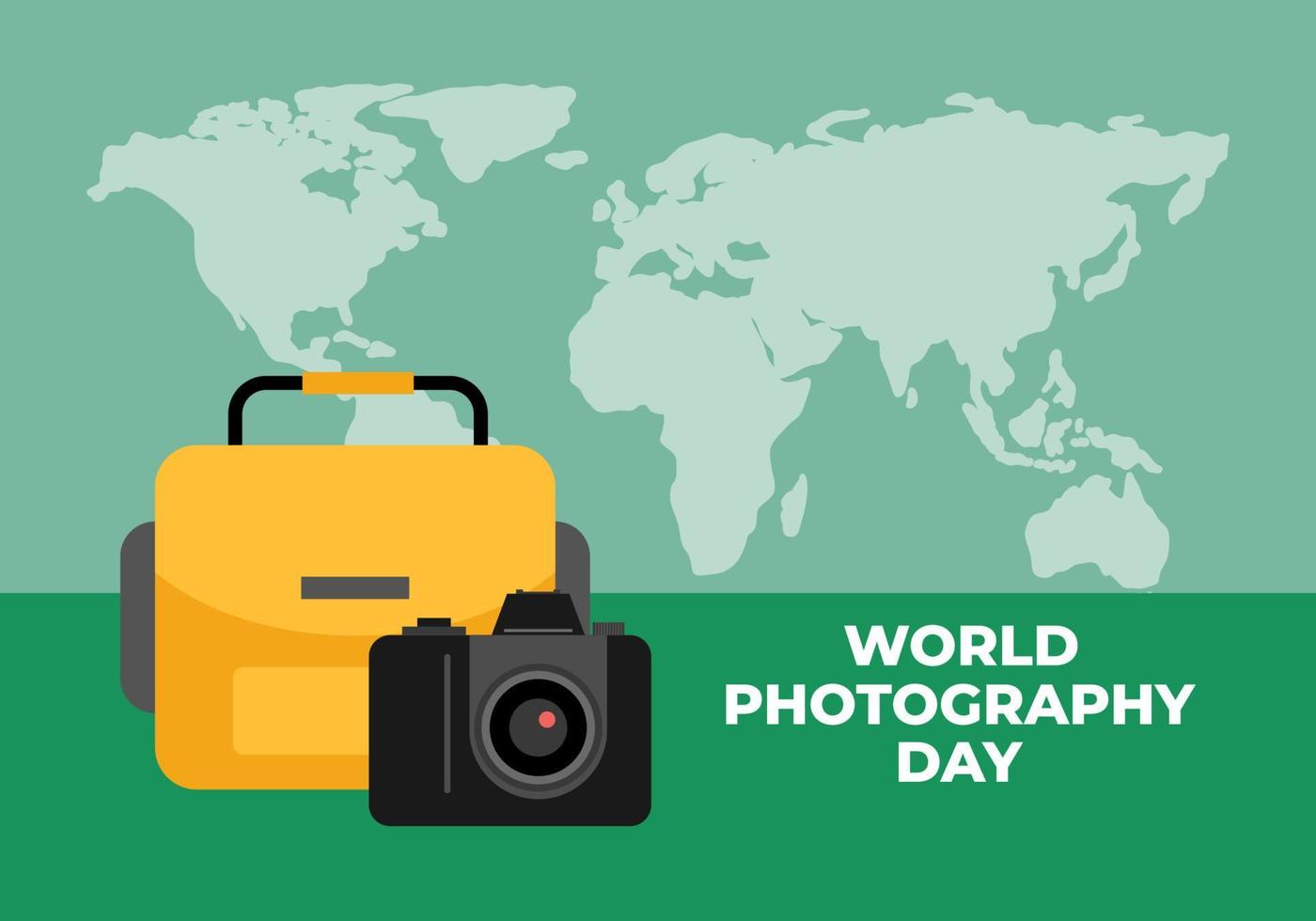 cartel del día mundial de la fotografía el 19 de agosto con bolsa de cámara y mapa mundial sobre fondo verde. vector