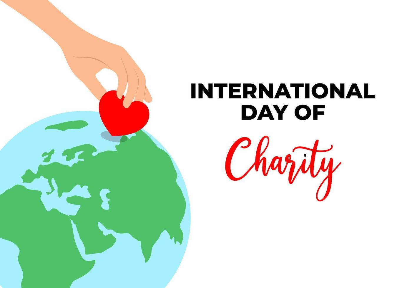 cartel del día internacional de la caridad el 5 de septiembre con la mano da el símbolo de amor en el globo terráqueo sobre fondo blanco vector