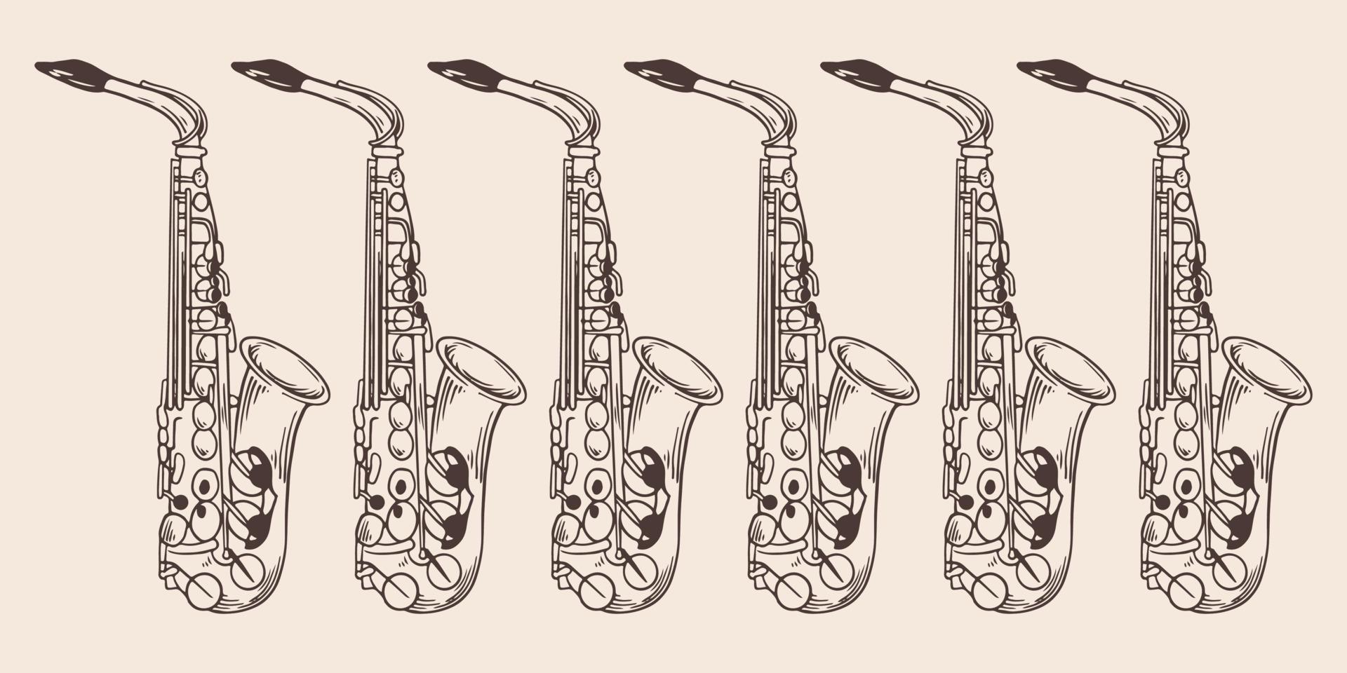 Vintage hand drawn six saxophone in vintage engraved style vector